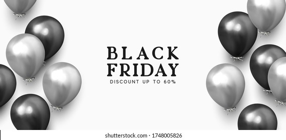 Black Friday sale. Background with black and silver balloons. Holiday banner, web poster, flyer, cover card, Festive celebrate backdrop ballons. Vector illustration