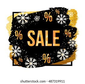 Black Friday sale background with snowflakes. Design template for Christmas sale, winter sale or New Year sale. Easy editable gold and black banner.