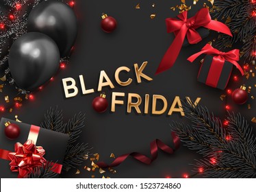 Black Friday Sale, background sparkling lights garland with gifts box and golden tinsel, gold confetti xmas bauble. Realistic black balloons. Festive posters, cards, headers, website.