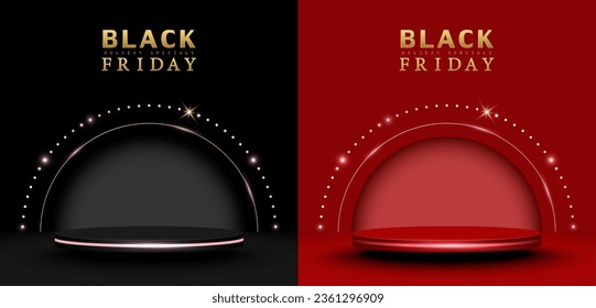 Black Friday Sale background, Stage podium for Product display Black and Red scene backdrop. Luxury design. Minimal style. Vector illustration.