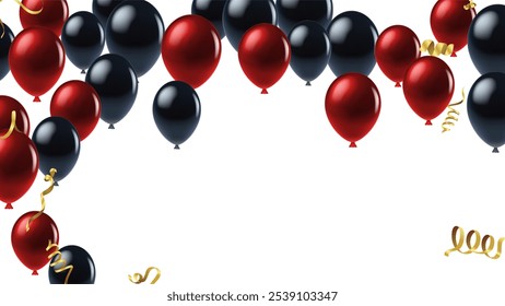 Black Friday sale background template. Dark background with red and black balloons for seasonal discount offer. Vector illustration with confetti 