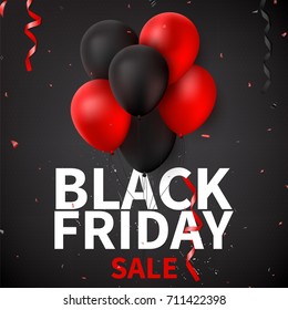 Black Friday sale background template. Dark background with red and black balloons for seasonal discount offer. Vector illustration with confetti and serpentine.