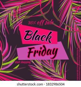 Venta del viernes negro, fondo con texto y hojas de palma decorativas en trópicos sobre el fondo oscuro del cielo nocturno. Colores neones brillantes de moda. Ilustración vectorial para banners, volantes.