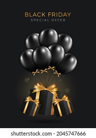 Black friday sale background with transparent realistic balloons. Modern design.Universal vector background for poster, banners, flyers, card.