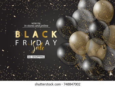 Black friday sale background with transparent realistic balloons. Modern design.Universal vector background for poster, banners, flyers, card