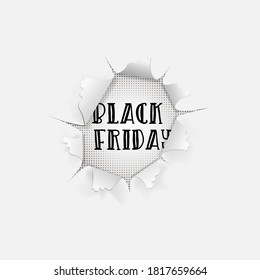 Black Friday sale background. Typography banner in a hole in white paper