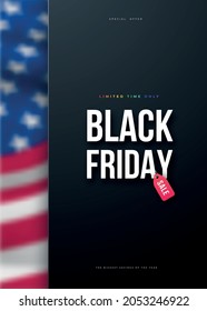 Black Friday Sale Background. Vector Sale design template with blured US flag. Minimalistic of commercial discount event flyaer.