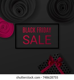 Black friday sale background.With black and pink paper flowers and gift box. Vector illustration
