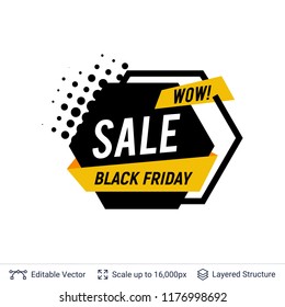 Black Friday Sale Badge. Geometric shapes and text. Bright graphic label with editable copy space for holiday discounts and sales.