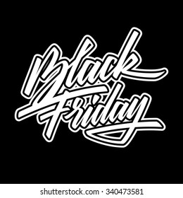 Black Friday Sale badge with handmade lettering, calligraphy with outlines and dark background for logo, banners, labels, prints, posters, web, presentation. Vector illustration.