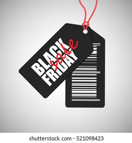 Black friday sale badge with inscription and barcode isolated on gray background