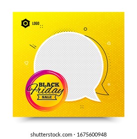 Black friday sale badge. Yellow banner template. Discount banner shape. Coupon tag icon. Social media banner with chat bubble. Online shopping web template. Black friday promotion bubble. Vector