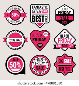 Black Friday sale badges and labels. Bright collection in modern style for your design. Vector illustration.