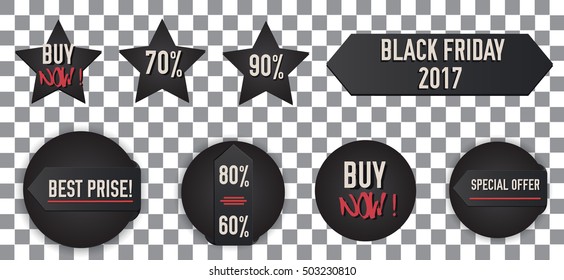 Black Friday Sale badges and labels set. Vector illustration. Isolated banners on Transparent Background.