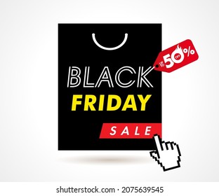 Black Friday sale bag shopping with 50% off label. Special offer text with red tag for best buy template. Autumn advertising vector illustration