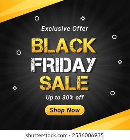 Banner de venda Black Friday com até 30% de desconto. Ilustração vetorial. Black Friday Sale Poster para anúncios de mídias sociais e fb. 30% De Desconto. Oferta exclusiva. Compre agora.