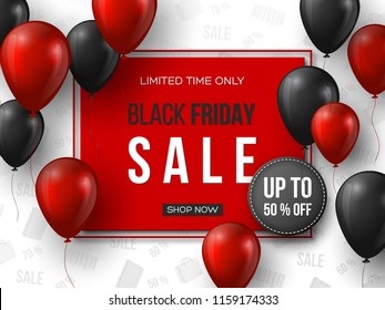 Black Friday sale banner. 3d red and black realistic glossy balloons with text in frame and discount tag. White pattern background. Vector illustration.