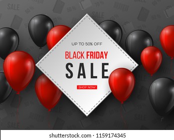 Black Friday sale banner. 3d red and black realistic glossy balloons with text in frame. Grey pattern background. Vector illustration.