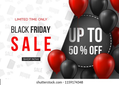 Black Friday sale banner. 3d red and black realistic glossy balloons with text and discount tag. White pattern background. Vector illustration.