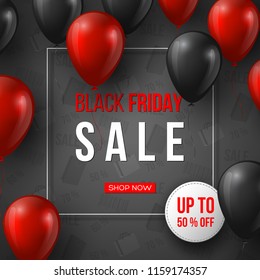 Black Friday sale banner. 3d red and black realistic glossy balloons with text in frame and discount tag. Grey pattern background. Vector illustration.