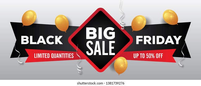 Black Friday sale banner. 3D Gold realistic glossy balloons with text on Gray and white background. Big sales. 50% off. Trendy, modern poster to advertise your goods. Vector illustration - Vector