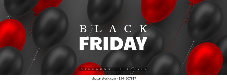 Black Friday sale banner. 3d red and black realistic glossy balloons. Black background. Vector illustration.