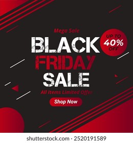 Banner de venda Black Friday com até 40% de desconto. Mega Venda. Oferta Limitada de Todos os Itens. Vetor de Ilustração. Compre agora.