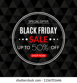 Black Friday sale banner. 50% price off. Discount round card or sticker. Special offer, stamp, sale poster, flyer, price tag design element. Vector illustration. 