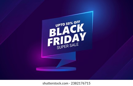 Black Friday sale banner. 50% OFF. Vector banner template glowing neon lamp for night and trendy design.