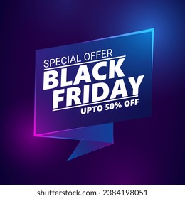 Black Friday sale banner. 50% OFF. Vector banner template glowing neon lamp for night and trendy design.