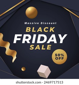 Black friday sale banner with 50% off. Vector illustration. Black friday with golden ribbon, cube and sphere black abstract sale banner. Massive Discount.