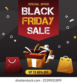Black Friday Sale Banner With Up to 80% off. Vector illustration. Special Offer. Black Friday Sale Banner With Gift Box and Shopping Bag Design. 80% Discount.