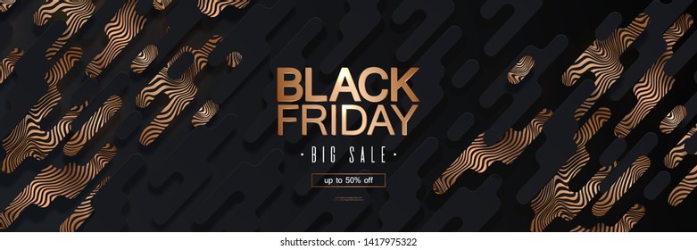 Black Friday sale banner. Black abstract background with geometric shapes and sparkling golden lines in papercut. Advertising sign, business poster with a commercial discount. Vector illustration