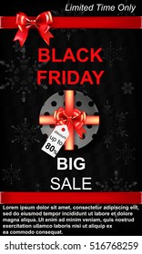 Black Friday Sale. Banner for the sale ads with realistic gift boxes and diamond, bows and ribbons.