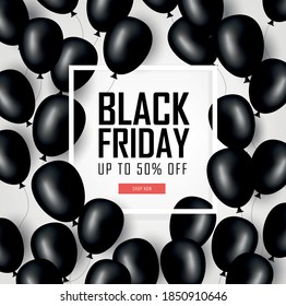 Black Friday Verkauf Banner mit Luftmatten Ballons in weißem Rahmen. Illustration Template für soziale Netzwerke, Website, mobile App. EPS10