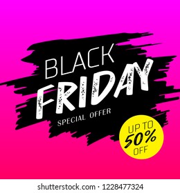 Black friday sale banner with artistic brush on bright pink background. .Vector illustration