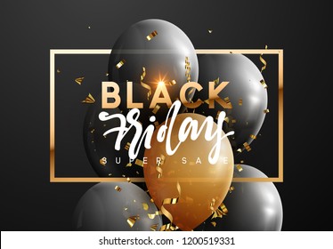 Black friday, sale banner background with balloons.