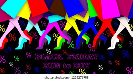 Black friday sale banner or background. Women run shopping. Vuktornaya illustration.