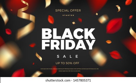 Black Friday sale banner background with red leaves and golden confetti decoration, vector promo design elements. Web layout template