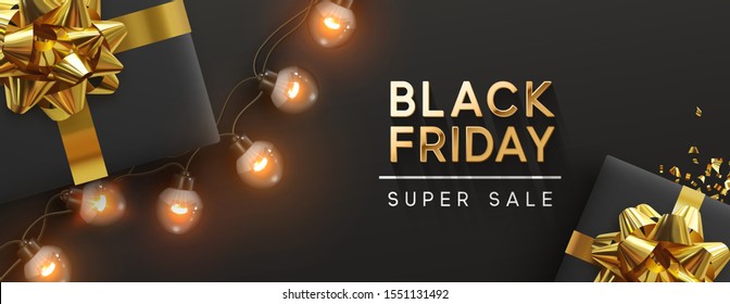 Black Friday sale banner. Background design of sparkling lights garland, realistic gifts box, glitter gold confetti. Horizontal christmas poster, greeting cards, headers website. vector illustration