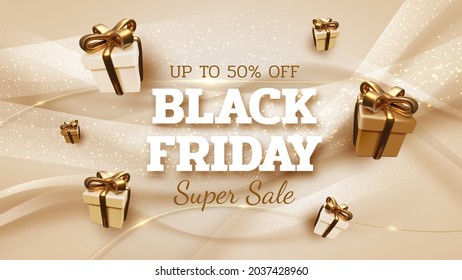 Black friday sale banner background with realistic gift box with ribbon gold luxury. 3d vector illustration.