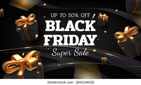 Black friday sale banner background with realistic gift box and ribbon gold luxury on dark backdrop. 3d realistic vector illustration.