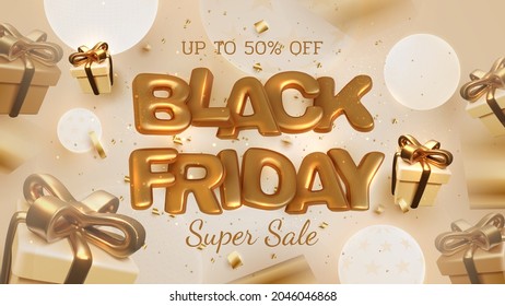 Black Friday Sale Banner Background, Realistic 3d Luxury Gold Lettering With Gift Box And Ball Element. Vector Illustration.