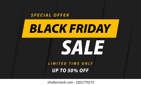 Black friday sale banner background. Special offer 50% off on black background. Template design for poster, flyer, web banner, social media, advertising. Vector illustration