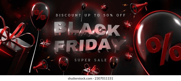 Black friday sale banner background with realistic gift box and balloons with megaphone on light effect and bokeh. Luxury style design concept. 3d vector illustration.