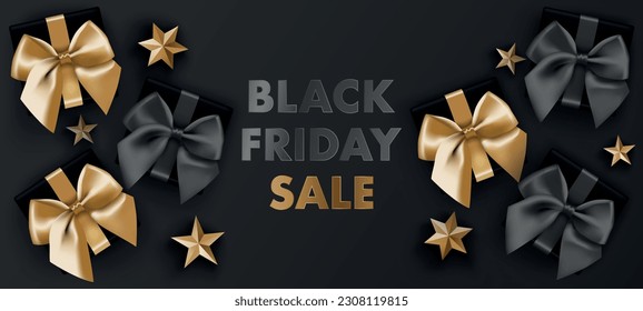 Black Friday Sale banner background. Realistic 3d black and gold ribbon gift boxes and stars. Vector illustration for Christmas, poster, template, sale, promo, discount, website, social media, flyer