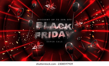 Black friday sale banner background with realistic gift box and balloons with ribbon gold luxury on light line neon. 3d vector illustration.