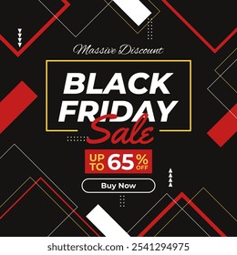 Banner de venda Black Friday em fundo preto com desconto até 65% fora. Grande Desconto. Ilustração vetorial. Compre agora. Venda de Férias.