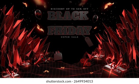 Black Friday sale banner background with 3D ornaments, gift boxes, balloons, megaphones, paper bags on red neon wireframe polygon, vector illustration.
