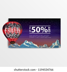 Black Friday sale. The banner with a balloon on a background of mountains